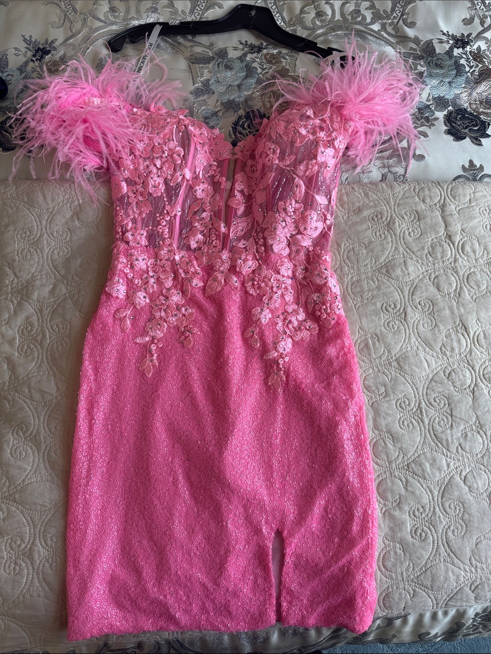 Portia and Scarlett Pink Embellished Feather-Trim Cocktail Dress